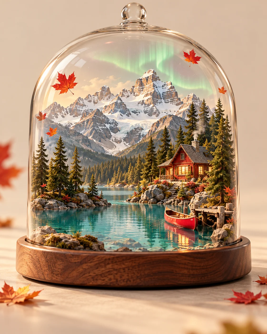 A miniature Rockies diorama under a glass cloche: a red cabin, pine trees, a turquoise lake, a red canoe and northern lights.